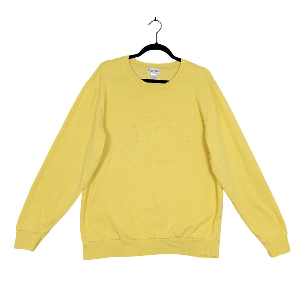 PUSHEEN Yellow Ramen Cat Embossed Long Sleeve Sweatshirt Pullover SIZE LARGE
